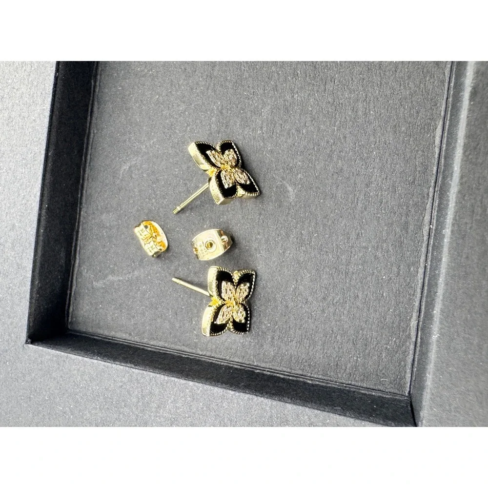 Gold‎ Tone Black Enamel Flower Stud Earrings Pavé Crystal Center